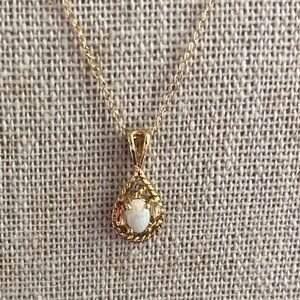 14K Gold Opal Teardrop Pendant Necklace 585 Delicate Chain Dainty Vintage 16"